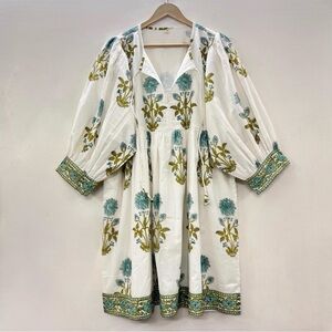 Chic White and Green Blockprint Floral Mini Dress